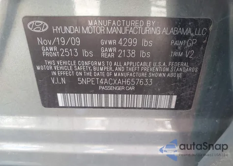 2010 Hyundai Sonata Gls из США, поврежденный, VIN 5NPET4ACXAH657633